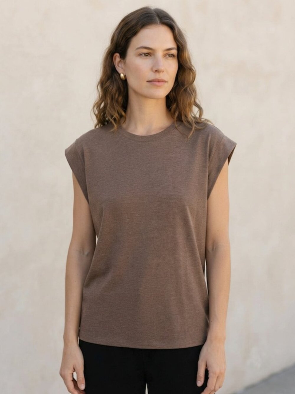 Shein Cuffed Cap Sleeve Tee Top Basic Brown Large US 8/10